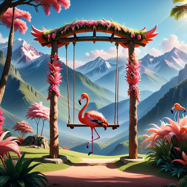 Image of a swinging on a swing of a flamingo in the mountains