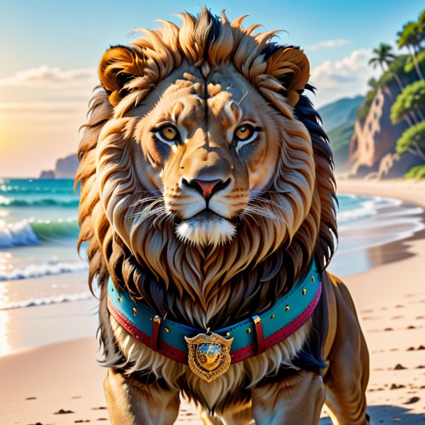 Picture of a lion in a belt on the beach