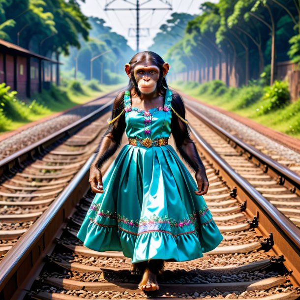 Foto de un chimpancé en un vestido en las vías del tren