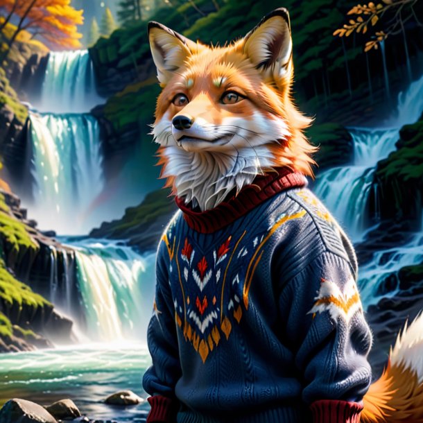 Picture of a fox in a sweater in the waterfall