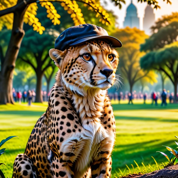 Photo of a cheetah in a cap in the park