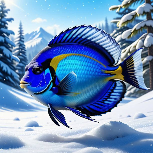 Drawing of a blue tang in a jeans in the snow