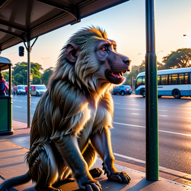 Image of a playing of a baboon on the bus stop