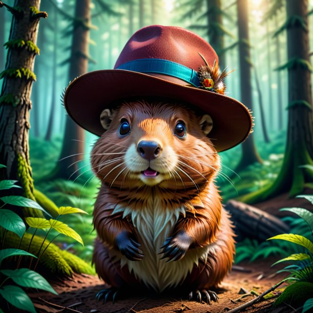 Drawing of a beaver in a hat in the forest