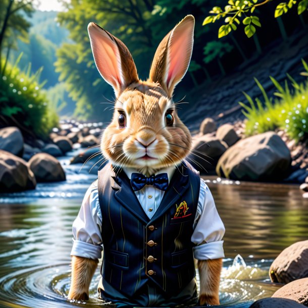 Photo of a rabbit in a vest in the river