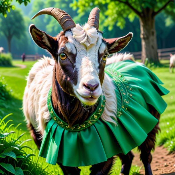 Photo of a goat in a green skirt