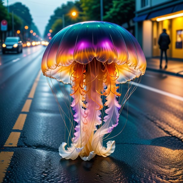 Image of a jellyfish in a coat on the road