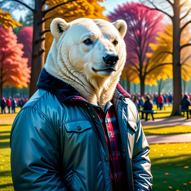 Foto de um urso polar em uma jaqueta no parque