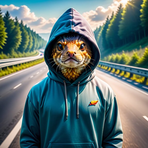 Foto de uma carpa em um hoodie na estrada