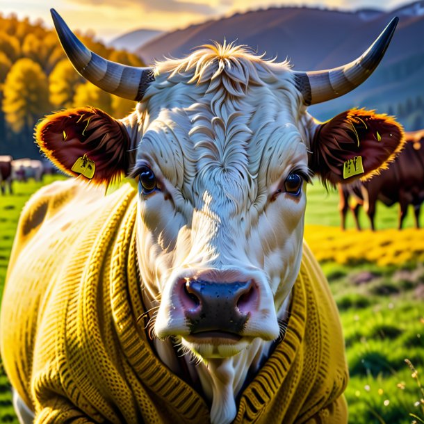 Foto de una vaca en un suéter amarillo