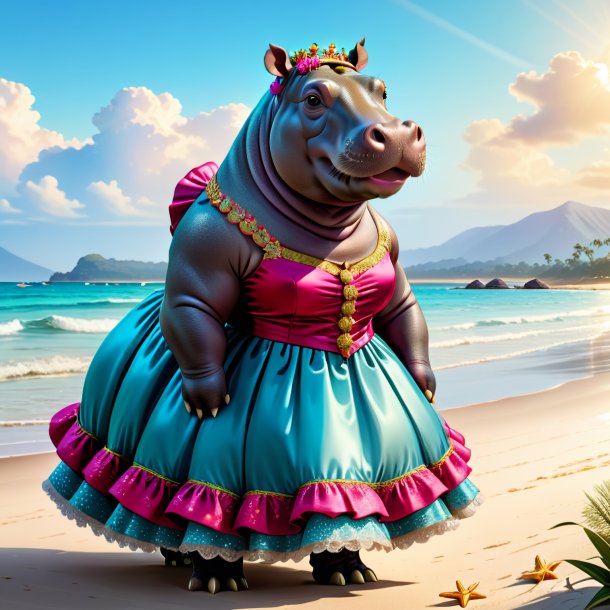 Illustration of a hippopotamus in a dress on the beach