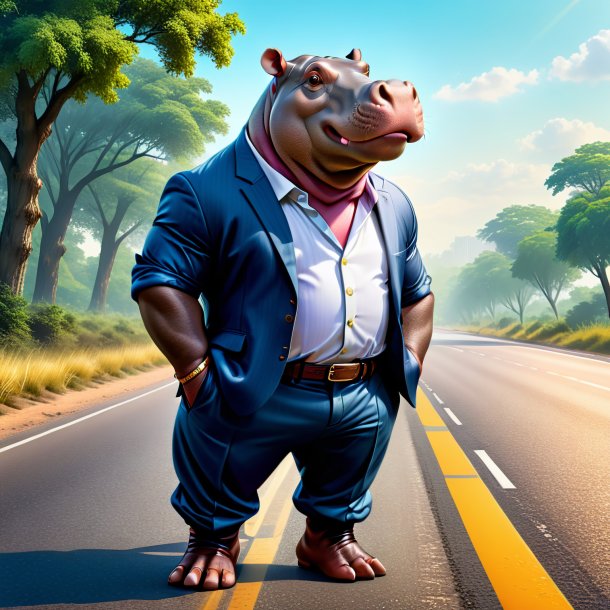 Illustration of a hippopotamus in a trousers on the road