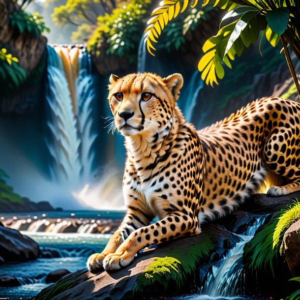 Photo of a waiting of a cheetah in the waterfall