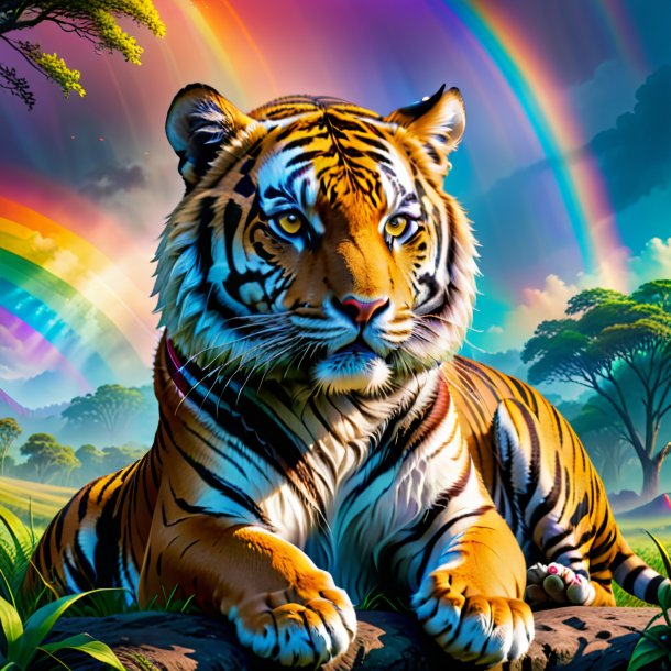 Foto de una espera de un tigre en el arco iris