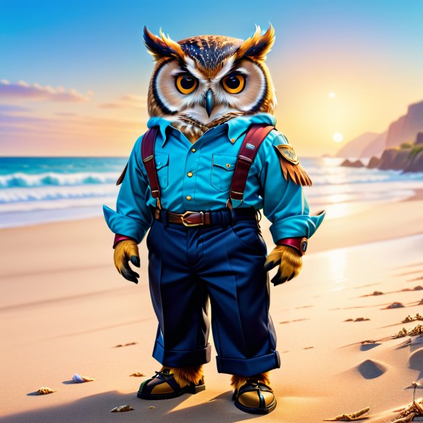 Picture of a owl in a trousers on the beach