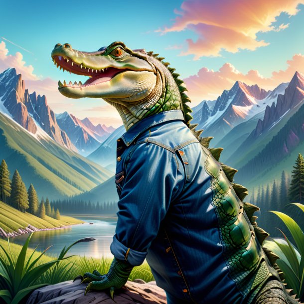 Illustration of a alligator in a jeans in the mountains