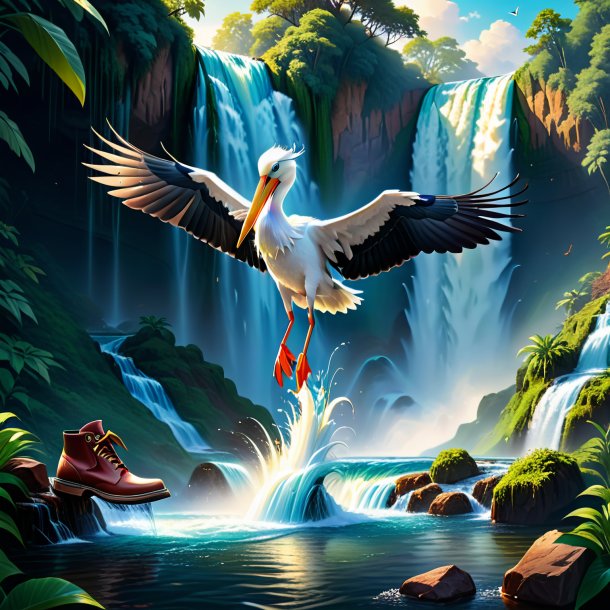 Illustration of a stork in a shoes in the waterfall