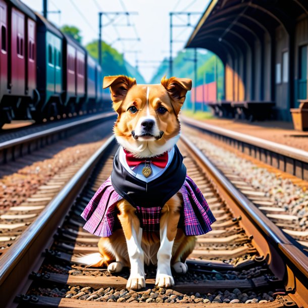 Foto de um cão em uma saia nos trilhos ferroviários