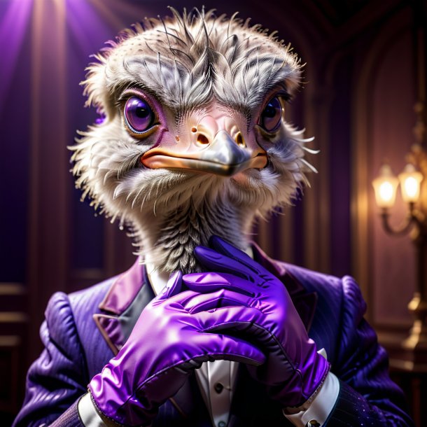 Image of a ostrich in a purple gloves