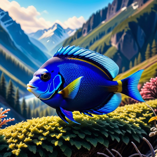 Picture of a blue tang in a sweater in the mountains