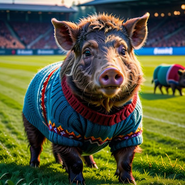 Foto de um javali em um suéter no campo