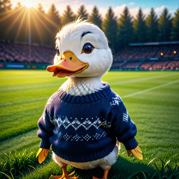 Picture of a duck in a sweater on the field