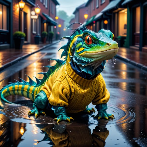 Image of a basilisk in a sweater in the puddle