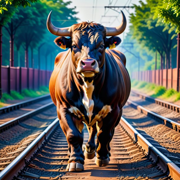 Picture of a bull in a trousers on the railway tracks