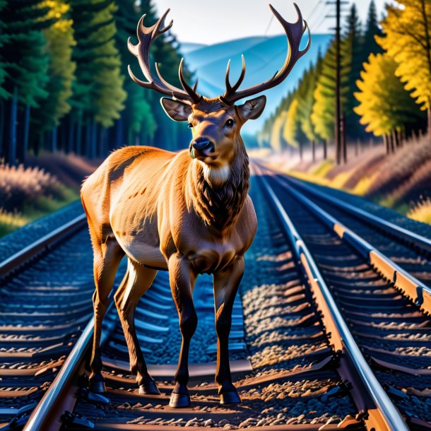 Foto de un alce en un jeans en las vías del tren