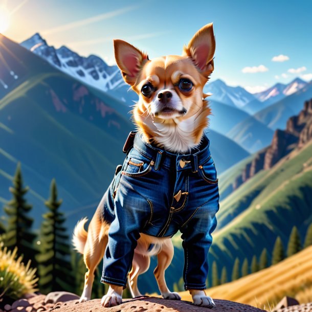 Pic of a chihuahua in a jeans in the mountains