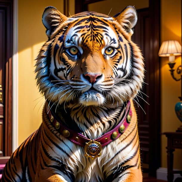 Photo of a tiger in a belt in the house