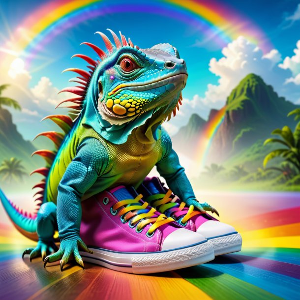 Image of a iguana in a shoes on the rainbow