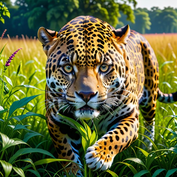 Photo d'un repas d'un jaguar dans la prairie