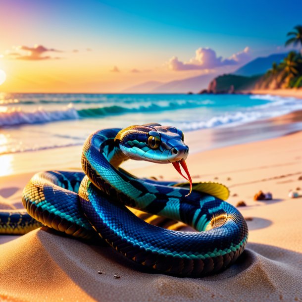 Photo of a snake in a gloves on the beach