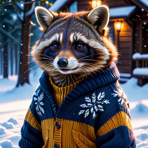 Picture of a raccoon in a sweater in the snow