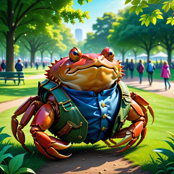 Illustration of a crab in a vest in the park