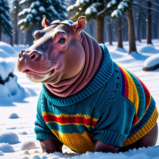 Image of a hippopotamus in a sweater in the snow