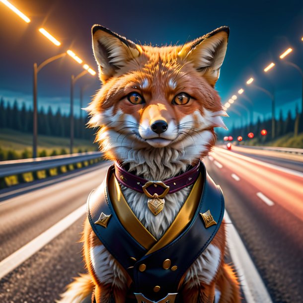 Photo of a fox in a belt on the highway