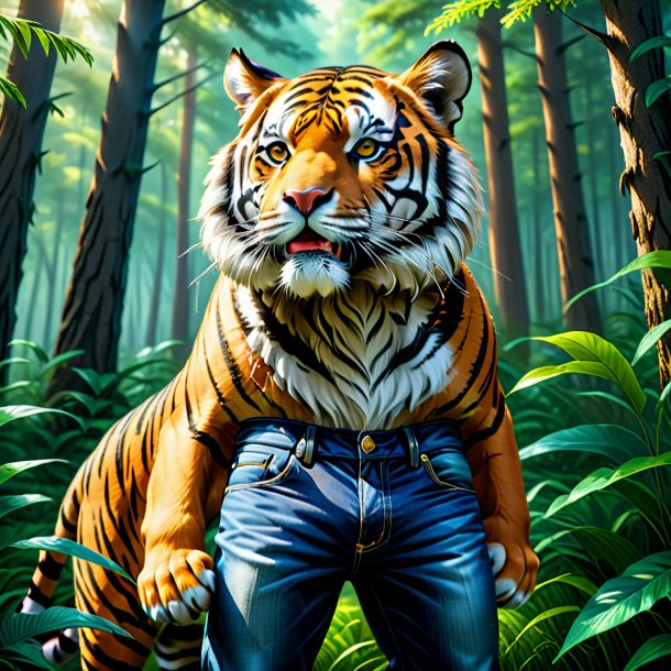 Ilustración de un tigre en un jeans en el bosque