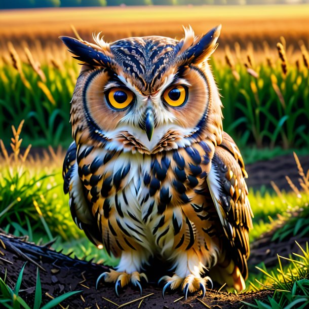 Image of a resting of a owl on the field