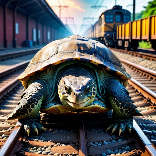 Foto de una tortuga en jeans en las vías del tren