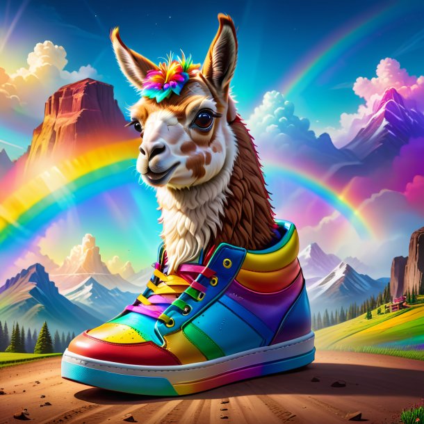 Drawing of a llama in a shoes on the rainbow