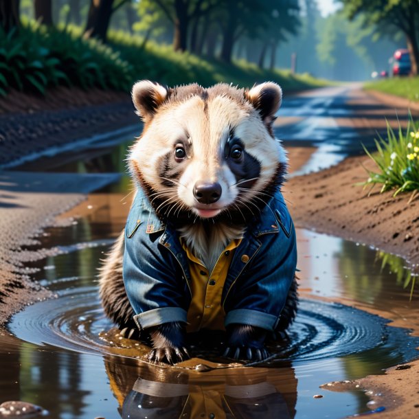 Picture of a badger in a jeans in the puddle