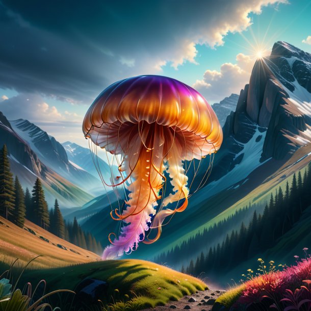 Illustration of a jellyfish in a coat in the mountains