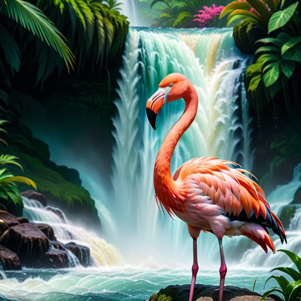 Picture of a angry of a flamingo in the waterfall