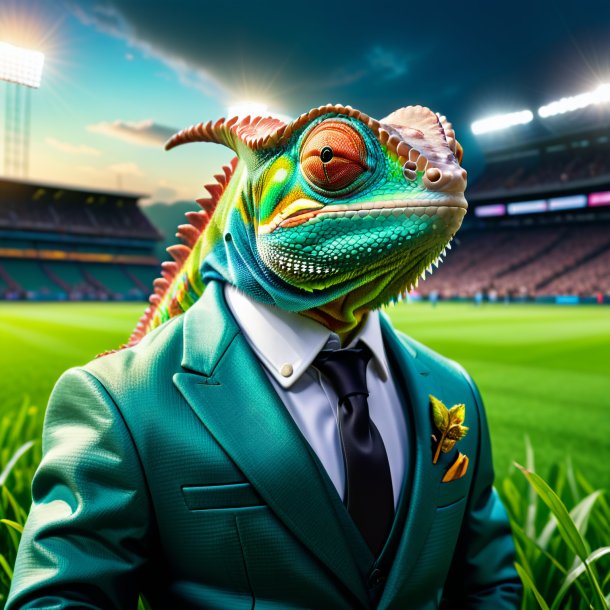 Picture of a chameleon in a jacket on the field