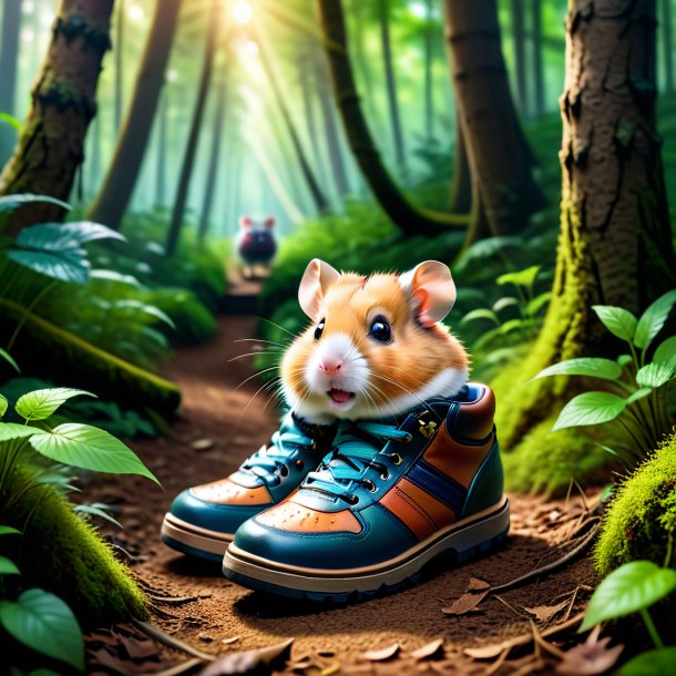 Picture of a hamster in a shoes in the forest