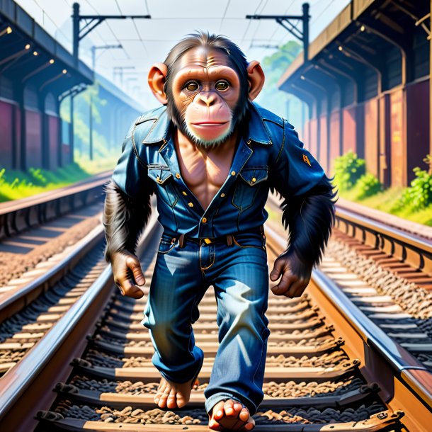 Picture of a chimpanzee in a jeans on the railway tracks