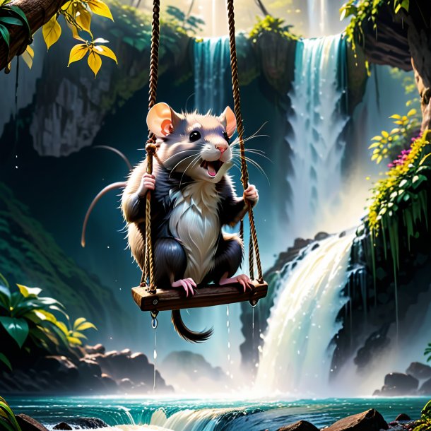 Pic of a swinging on a swing of a rat in the waterfall