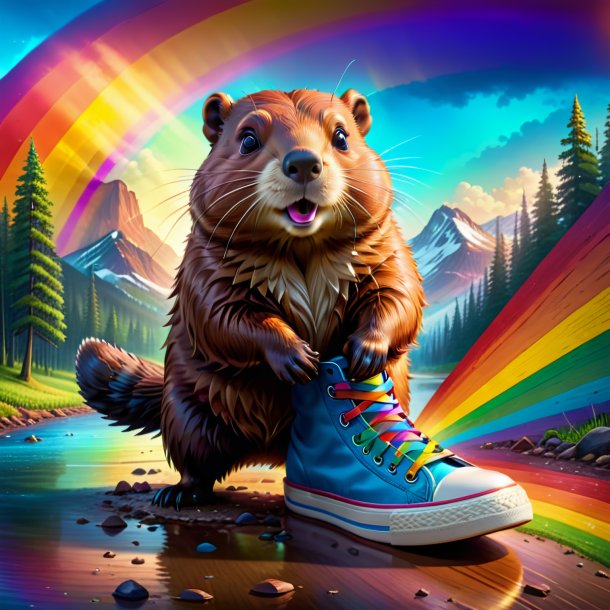 Drawing of a beaver in a shoes on the rainbow